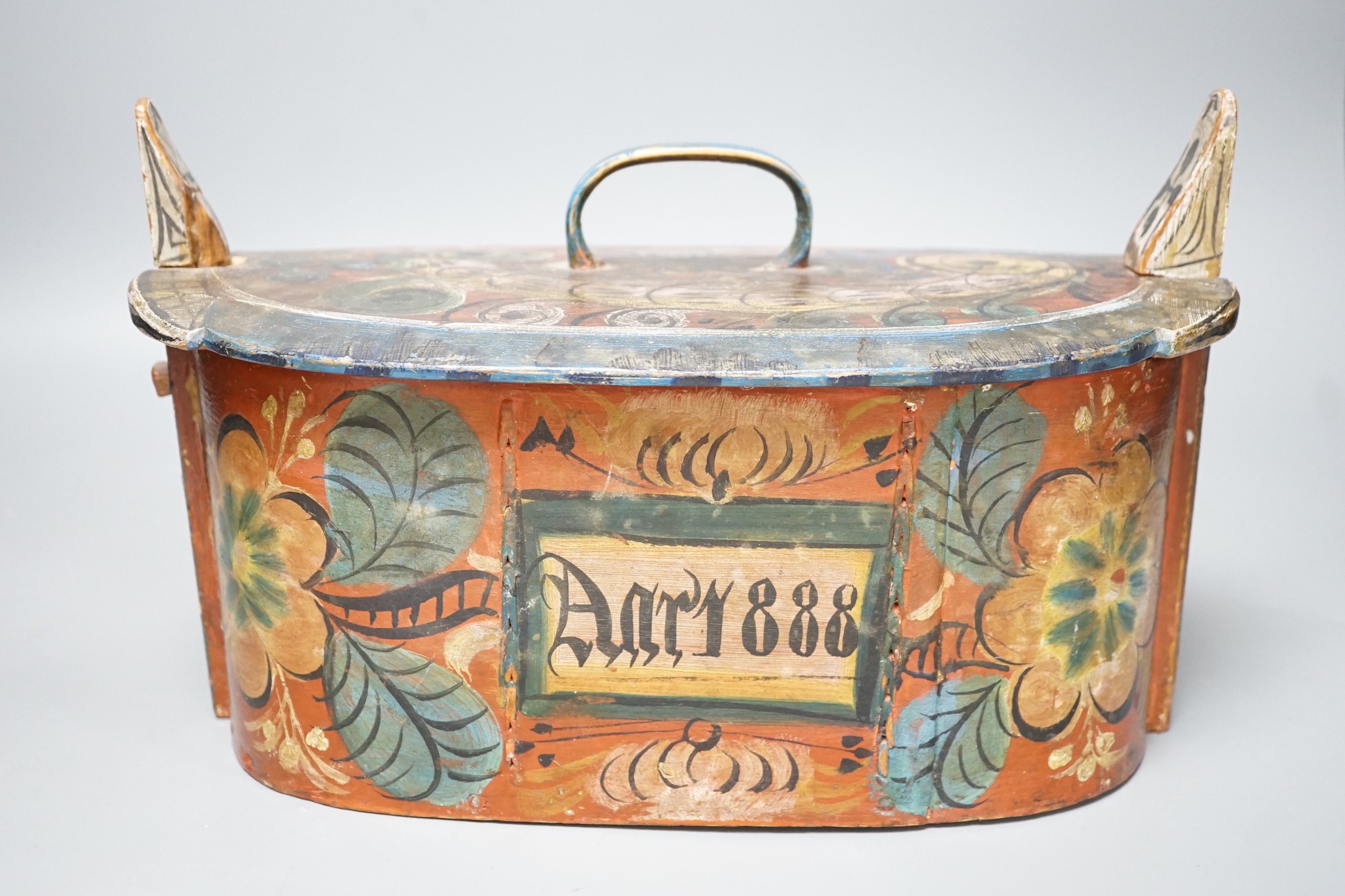 A 19th-century Norwegian painted Birchwood marriage casket 30cm